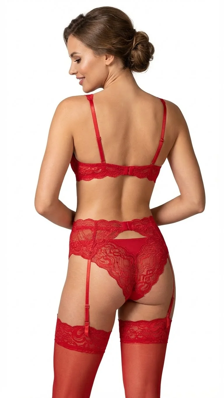 LunaIntim Gelin Çeyizlik Kırmızı Jartiyer Takımı Dantelli ve Fiyonklu Balayı Seti - Arka Görünüm